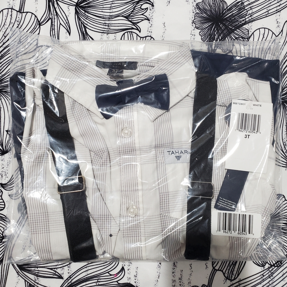 Tahari Toddler Boy's White and Navy Plaid Dress Shirt with Navy Bow Tie
